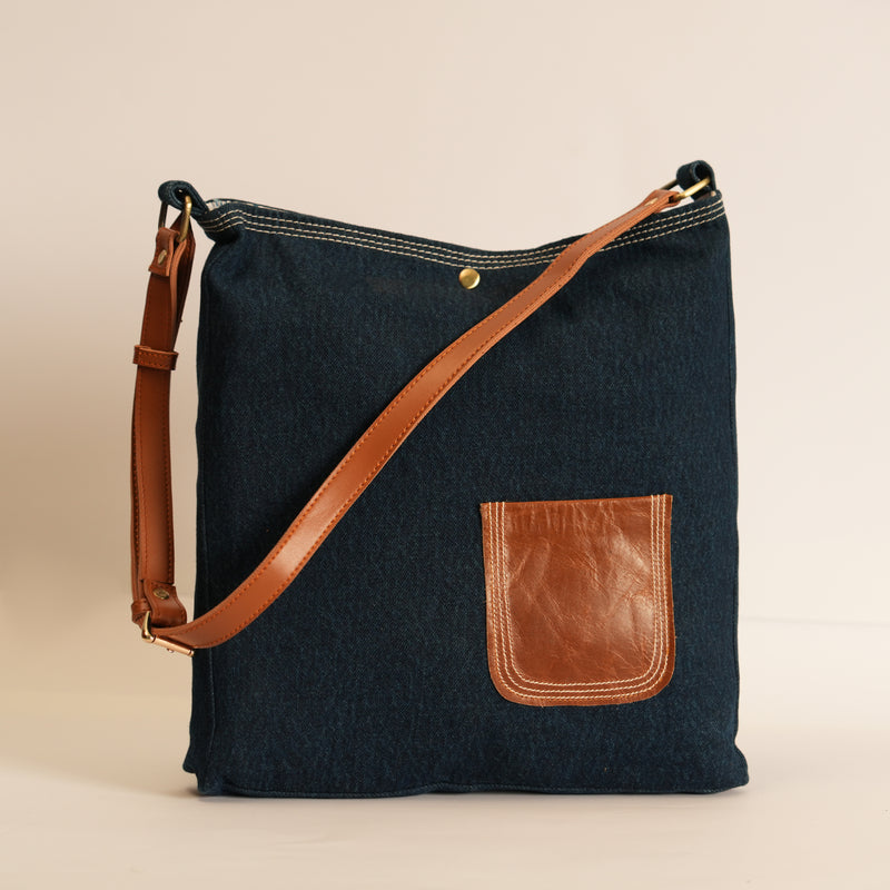 Leather Pocket Tote-Dark Blue