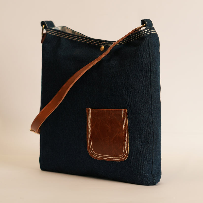 Leather Pocket Tote-Dark Blue